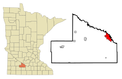 Location of the city of New Ulm within Brown County in the state of Minnesota