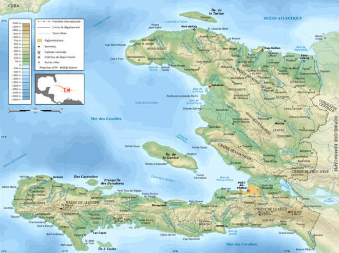 Carte topographique d'Haïti avec hydrographie.