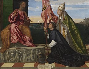Jacopo Pesaro, bishop of Paphos, being presented by Pope Alexander VI to Saint Peter by Titian. 1503 - 1510
