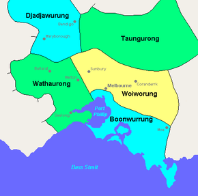 The image is a map of the Melbourne area with coloured areas labelled (n a clockwise direction from the west of Port Philip Bay around to the east: 'Wathaurong', 'Djadjawurung', 'Taungurung', 'Woiworung', and 'Boonwurrung'.
