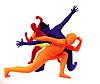 Three people wear Morphsuit costumes. This covers their entire bodies in one colour each: orange, red, and purple.