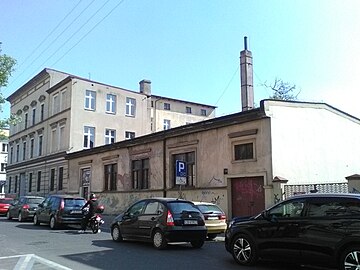 Frontages on the street, with the former gymnasium on the far right