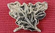 A crossed pair of oak leaves, in silver, against a background of red woven ribbon material