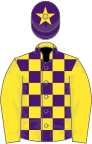 Yellow and purple check, yellow sleeves, purple cap, yellow star