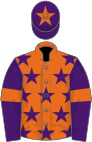 Orange, purple stars, purple sleeves, orange armlets and star on purple cap