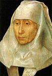 Hans Memling, Portrait of an Elderly Woman c. 1470. Museum of Fine Arts, Houston, Texas. Memling was a follower of van der Weyden and utilised his distortion of natural representation to depict ideals of beauty.[35]