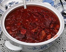 A tureen of thick borscht