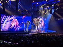 Stage setting of the Reputation Stadium Tour showing giant snakes as props