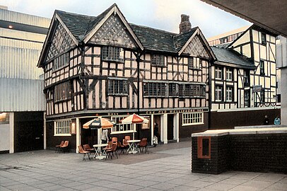 The pubs in 1977 at the former Shambles, having been jacked up to the level of the newly-rebuilt square