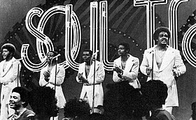 The group performing on Soul Train in 1974. From left to right: Airrion Love, James Smith, James Dunn, Herb Murrell, and Russell Thompkins Jr.