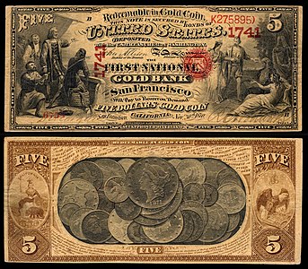 Five-dollar national gold bank note, by the American Bank Note Company