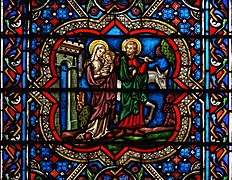 The Flight into Egypt, stained glass in a choir chapel, Notre Dame de Paris cathedral, Paris, France