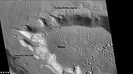 Wide CTX view of mesa showing lobate debris apron (LDA) and lineated valley fill. Both are thought to be debris-covered glaciers. Location is Ismenius Lacus quadrangle.