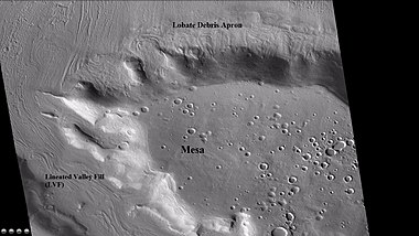 Wide CTX view of mesa showing lineated valley fill and lobate debris apron (LDA). Both are believed to be debris-covered glaciers. Location is Ismenius Lacus quadrangle.