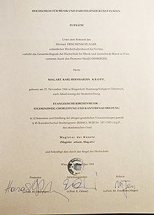 Magister-Urkunde Karl-B. Kropf, Evangelische Kirchenmusik, Zweig Chorleitung, Wien 1992