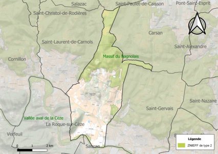 Carte des ZNIEFF de type 2 sur la commune.