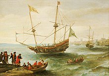 A square-rigged ship leaving a harbor