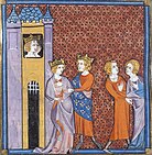 Fulk of Anjou, Philip I, and their wife Bertrade wearing pigaches [alt: scorpion's tails or ram's horns]