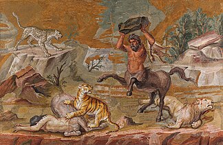 La "Batalla de centauros y fieras" se realizó para el comedor de la Villa Adriana y se calcula que se hizo entre los años 120 y 130 d. C. El mosaico reside ahora en el Staatliche Museen zu Berlin, en Alemania.