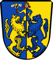 Gemeinde Schlipsheim Gespalten von Blau und Gold mit zwei einander zugewendeten, aufgerichteten Löwen in verwechselten Farben, die einen in Gold und Blau gekleideten Mannesrumpf emporheben; das Männlein hält in der Rechten drei Reiherfedern, von denen die mittlere golden, die äußeren silber sind.