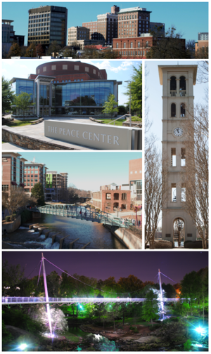 Clockwise from top left: Downtown Greenville, Furman University Bell Tower, Falls Park on the Reedy, Reedy River, Peace Center