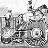 An engraving of a train-like vehicle that has a large treadmill and four horses attached