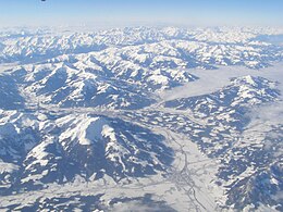 A mountain scene, viewed from above