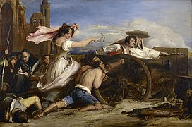 Agustina de Aragón durante los sitios de Zaragoza, en un cuadro pintado por David Wilkie en 1828.