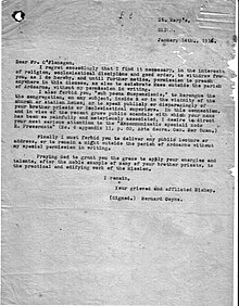 A letter from Bishop Coyne dated 14 January January 1916, forbidding Michael O'Flanagan to speak at public meetings on pain of suspension.