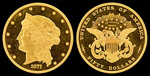 1877 Half-union $50 gold pattern slightly larger head, longer hair at bottom