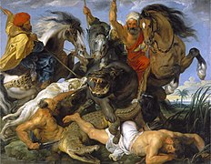 Tableau de Rubens représentant un hippopotame et un crocodile chassés par des cavaliers