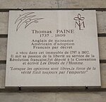 Plaque honoring Paine at 10 rue de l'Odéon, Paris