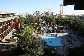 A view of the three pools and Disney California Adventure in 2006