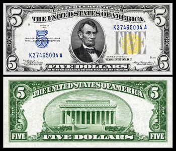 Five-dollar silver certificate from the series of 1934-A, by the Bureau of Engraving and Printing