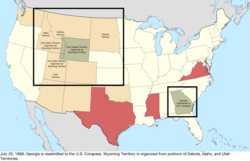 Map of the change to the United States in central North America on July 25, 1868