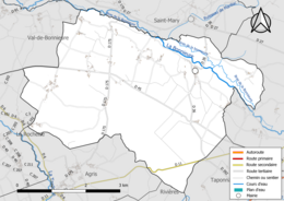 Carte en couleur présentant le réseau hydrographique de la commune