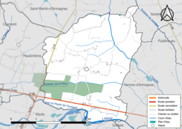 Carte en couleur présentant le réseau hydrographique de la commune