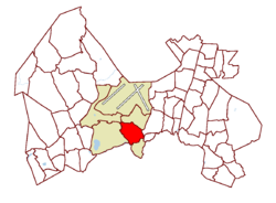 Location on the map of Vantaa, with the district in red and the Aviapolis major region in light brown