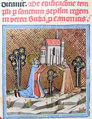 Chronicon Pictum, Hungarian, Hungary, King Stephen, Gisela, king, queen, crown, church, foundation, Óbuda, medieval, chronicle, book, illumination, illustration, history