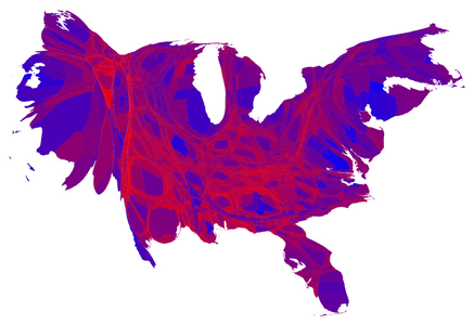 Cartogram of popular vote by county shaded on a scale from red/Republican to blue/Democratic where each county has been rescaled in proportion to its population