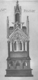 A drawing of a shrine with a very high, narrow design