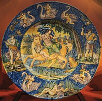 Central dish is 58 cm across, the main scene the Rape of Europa, after an illustration of Ovid by François Chauveau, published in 1674