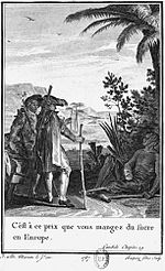 Illustration from Candide depicting the scene where Candide and Cacambo meet a maimed slave of a sugar mill near Surinam