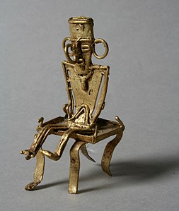 Muisca tunjo on stool, c. 10th–16th century, Lake Guatavita region, Altiplano Cundiboyacense