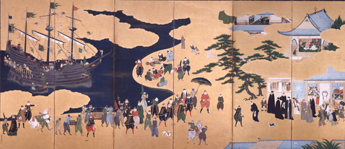 Nanban trade by Kanō Naizen, c. 1600. The screen shows Portuguese merchants docking in Japan.