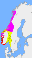ממלכתו של המלך האראלד הראשון בסביבות 930 לאחר הספירה. האזורים בצבע צהוב הם המלכויות הנורווגיות, האזורים השייכים לרוזן מלאדה (אזור בנורווגיה) מסומנים בצבע סגול, האזורים השייכים לרוזן ממורה (כיום מחוז בנורווגיה) מסומנים בצבע כתום.