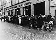 The German occupation saw a great rise in food shortages throughout Norway. Here people wait in line for food rations, Oslo, 1942.