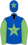 Royal blue, light green star and sleeves, light green star on cap