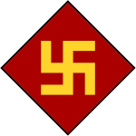 A red diamond with a yellow swastika inside it