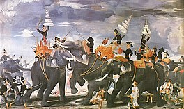 A Thai painting depicting Queen Suriyothai (center) on her war elephant putting herself between King Maha Chakkraphat (right) and Viceroy of Prome (left).